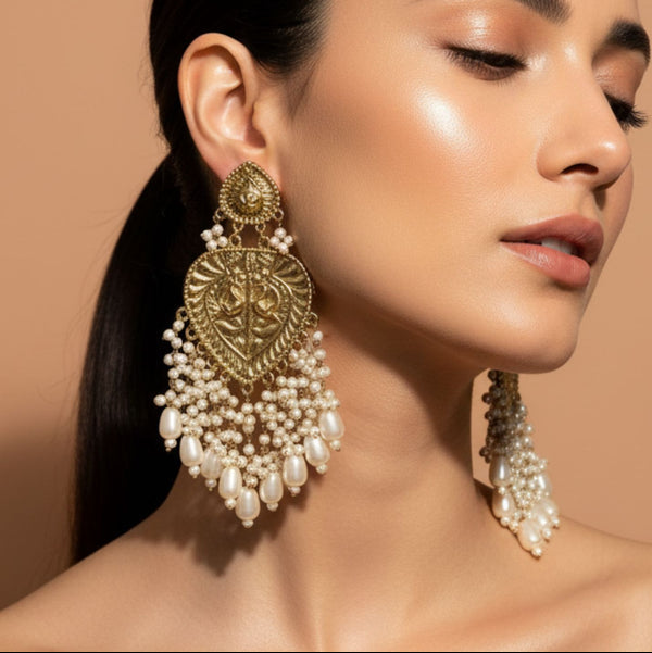 Antique Heart Pearl Tassel Earrings