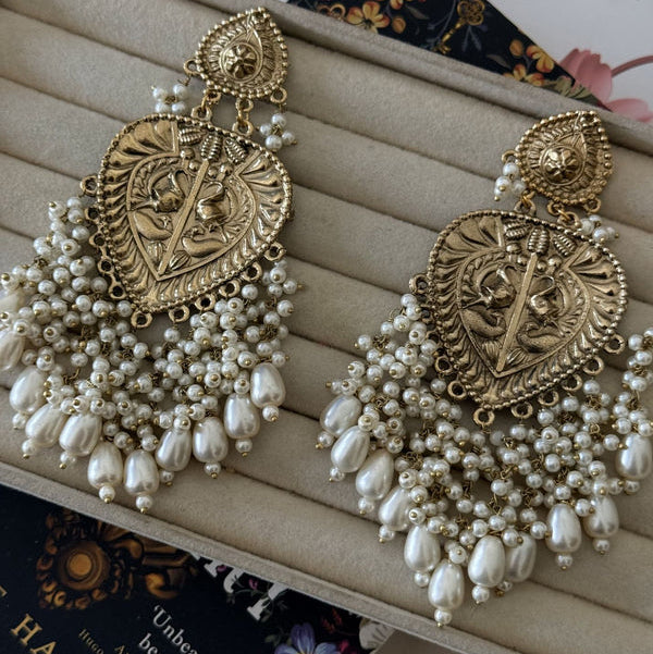 Antique Heart Pearl Tassel Earrings