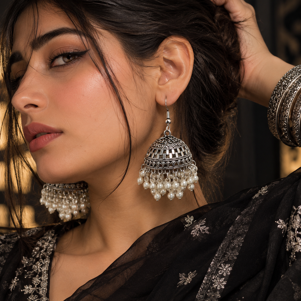 Silver Jhumka Earrings with Pearl Droplets