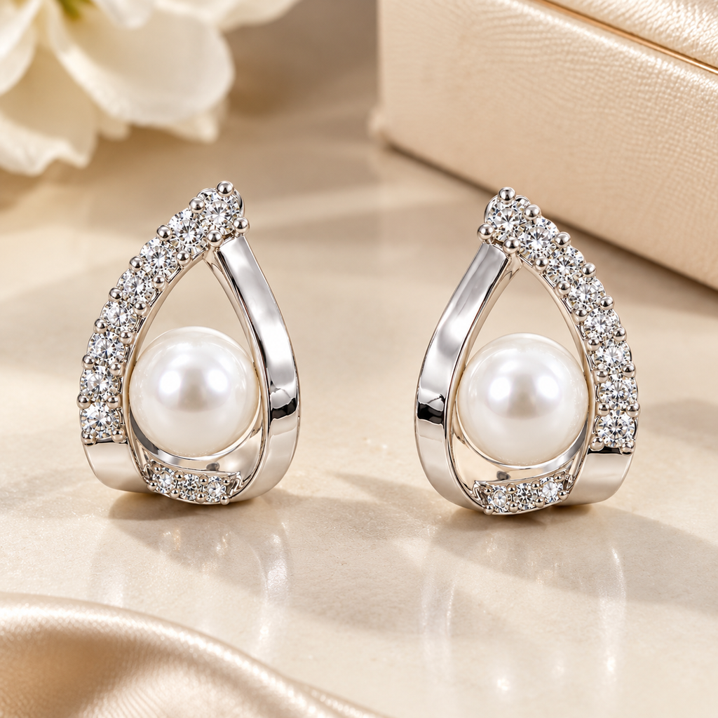 Triangle Pearl and Cubic Zirconia Stud Earrings