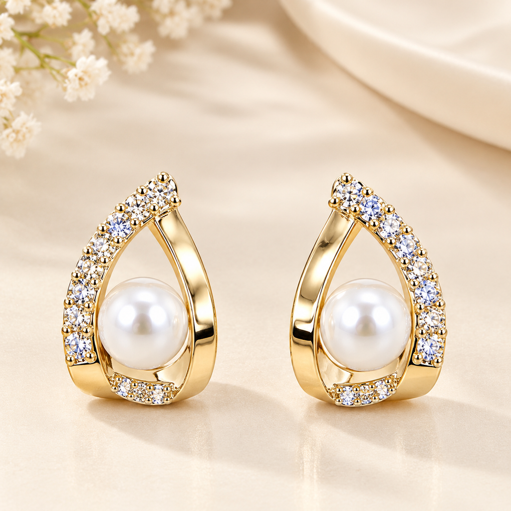 Triangle Pearl and Cubic Zirconia Stud Earrings