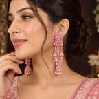 pink Kashmiri-style matte-finish long jhumki earrings