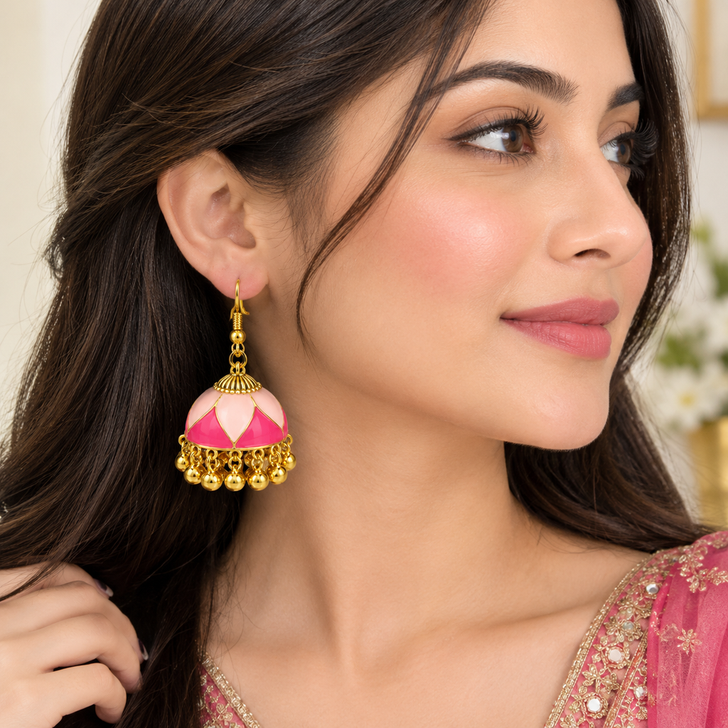 Pink Lotus Meenakari Jhumka
