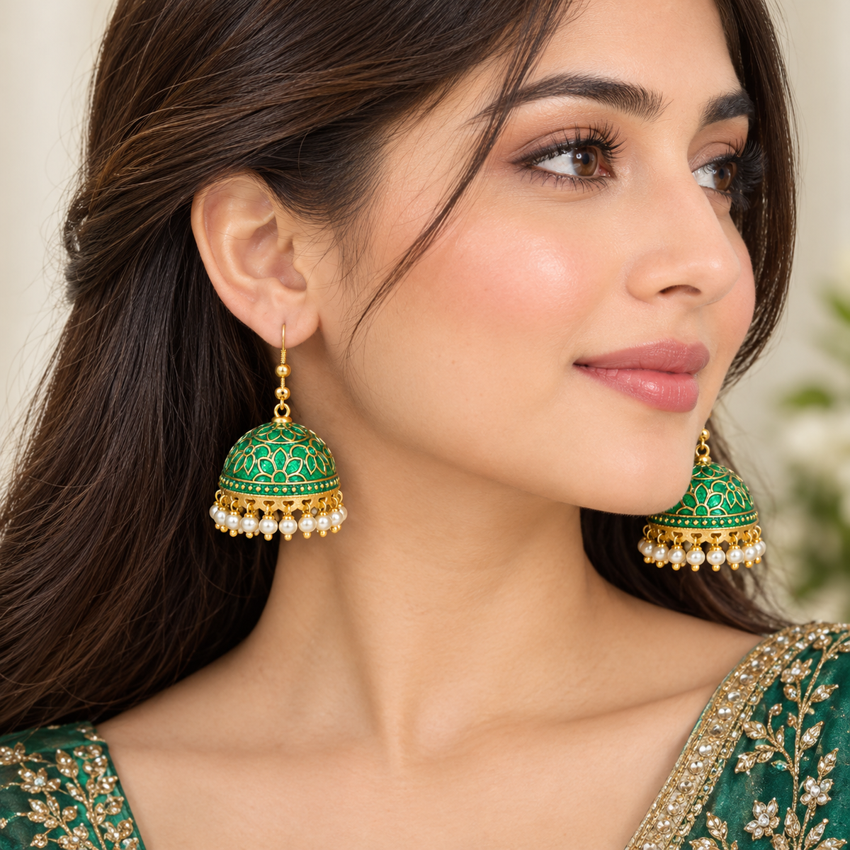 Green Meenakari Enameled Jhumka