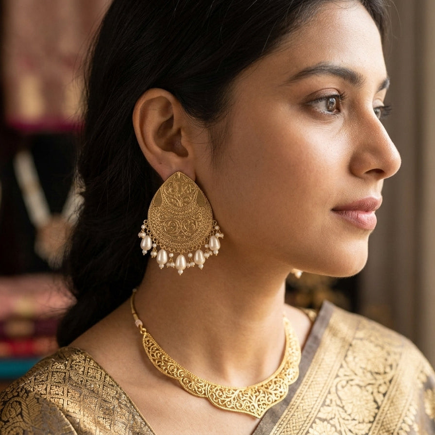 Antique-Style Gold-Finish Oversized Mughlai Drop Jhumka