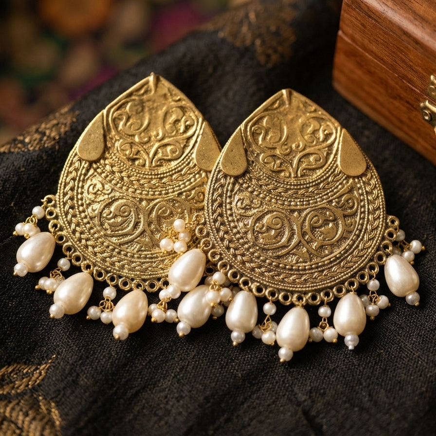 Antique-Style Gold-Finish Oversized Mughlai Drop Jhumka