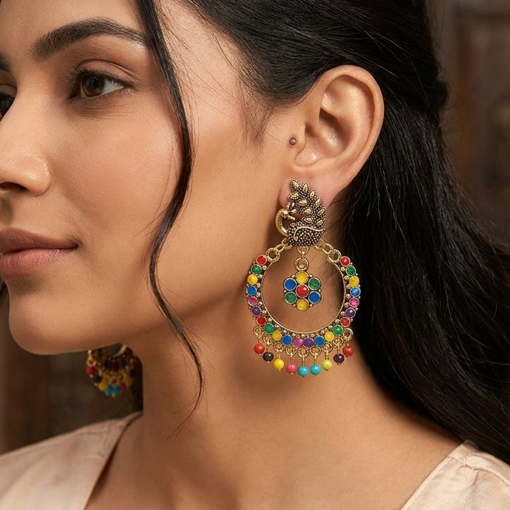 multi-color peacock and round drop Jhumka