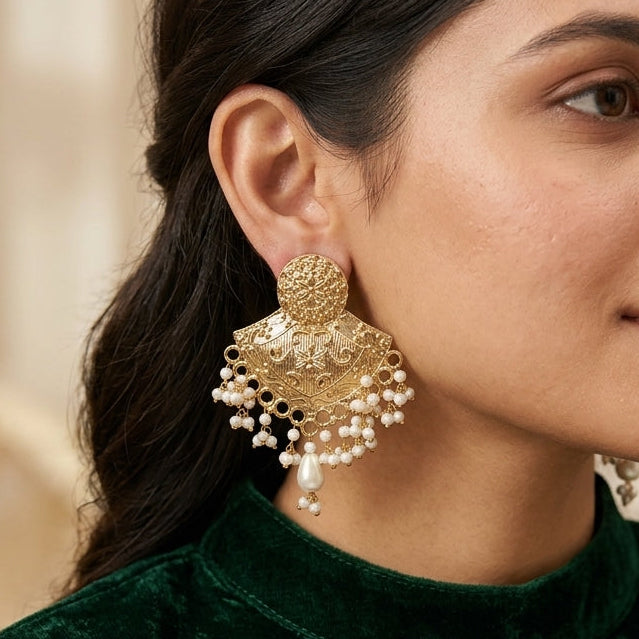 Antique Gold Chandbali Earrings with Pearl Drops