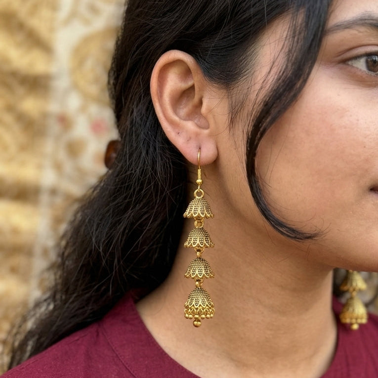 Traditional Long, Multi-Layered Golden Jhumka