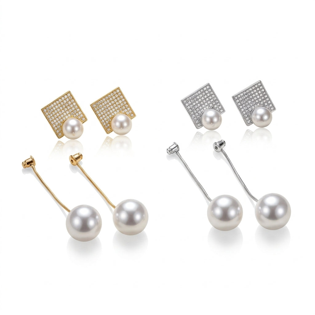 Geometric Rhinestone And Faux Pearl Double-Sided