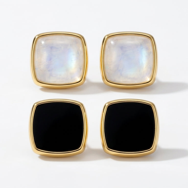 Square stud earrings with black\White inlay stone