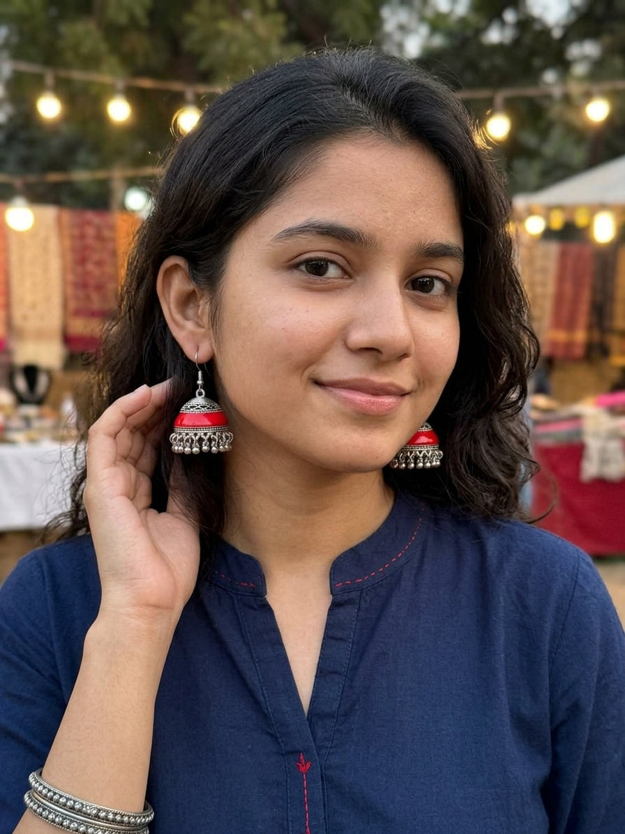 Ruby Red Enamel Terracotta-Style Bell Jhumka