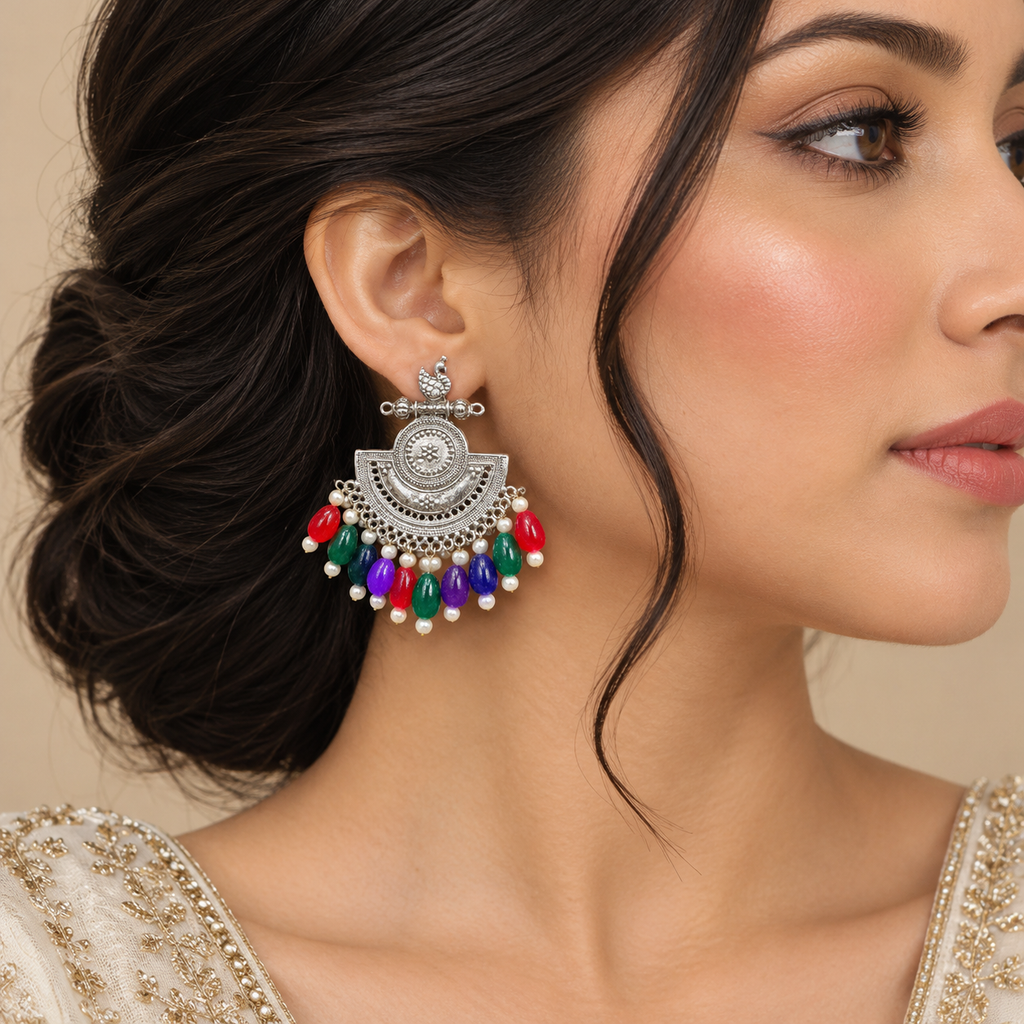 Oxidized Silver Multicolor Chandbali Earrings