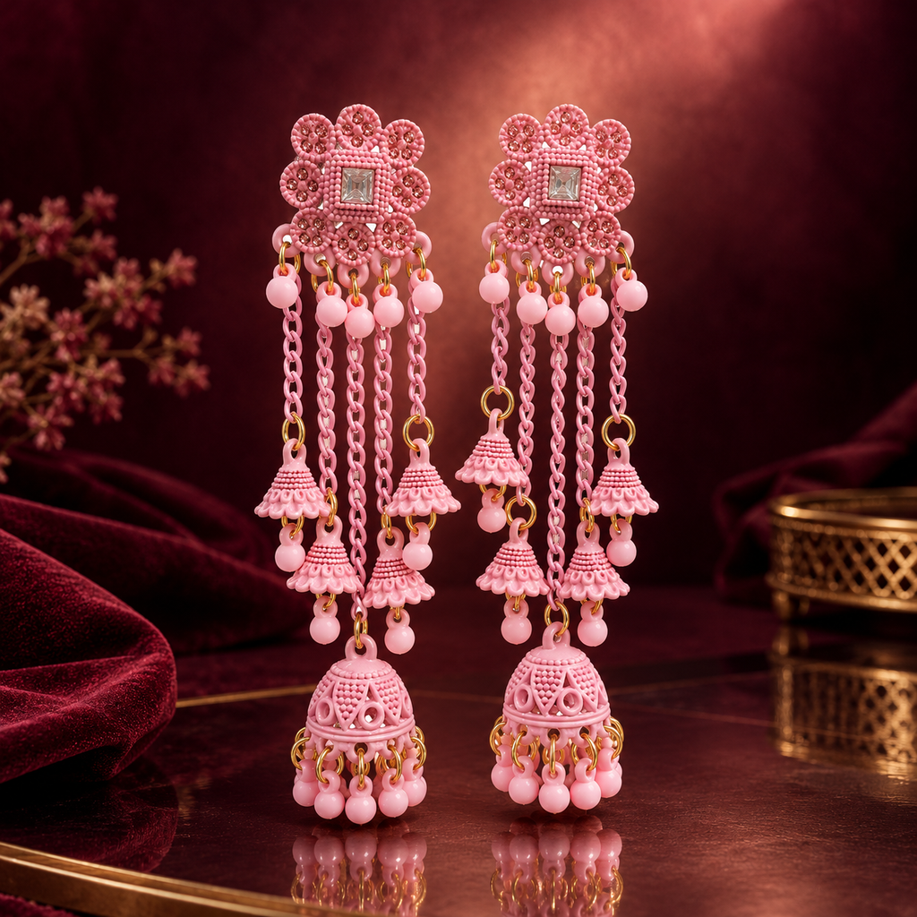 pink Kashmiri-style matte-finish long jhumki earrings