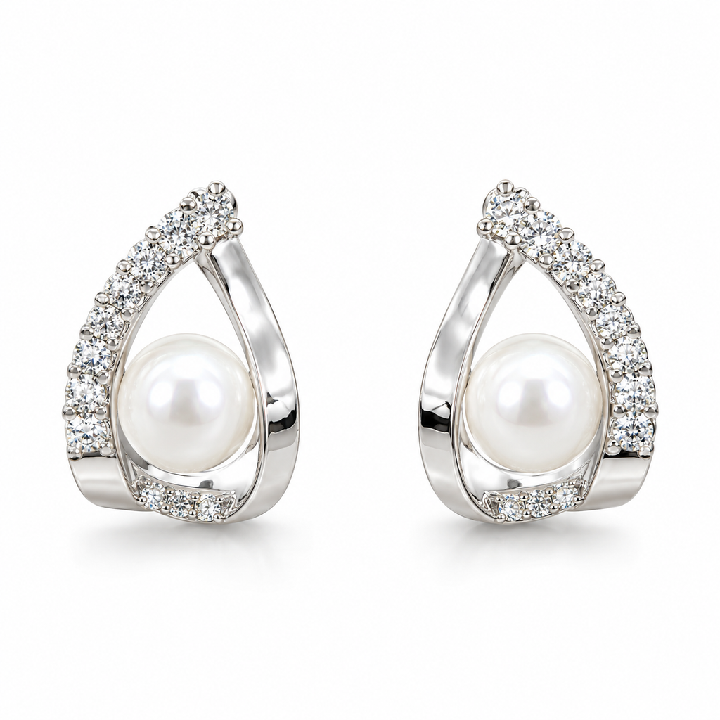 Triangle Pearl and Cubic Zirconia Stud Earrings