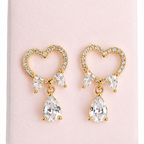 Heart And Bow Drop Earrings Adorned With Cubic Zirconia