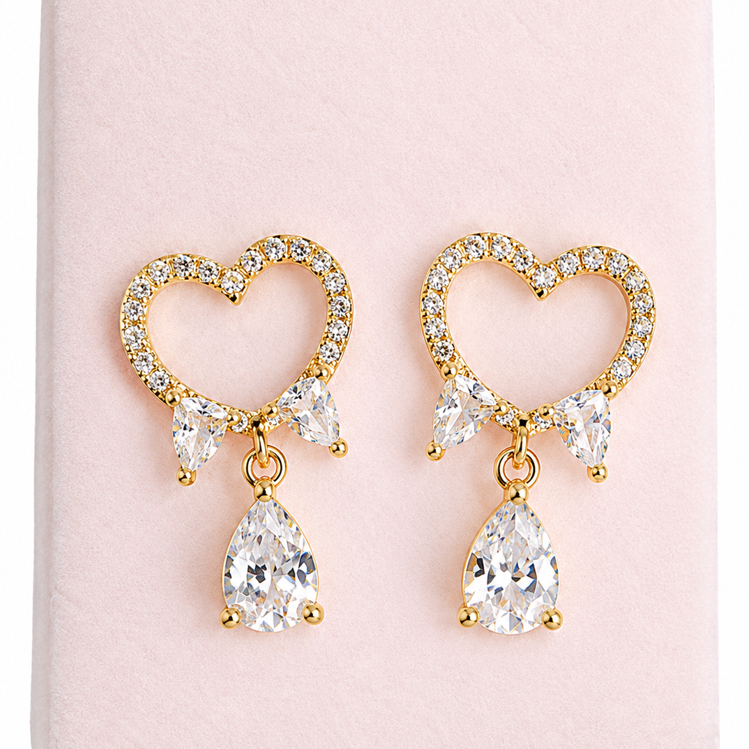 Heart And Bow Drop Earrings Adorned With Cubic Zirconia