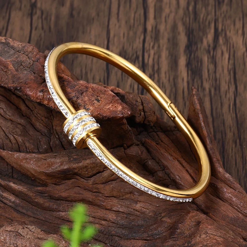 stainless steel rhinestone-studded bangle bracelet