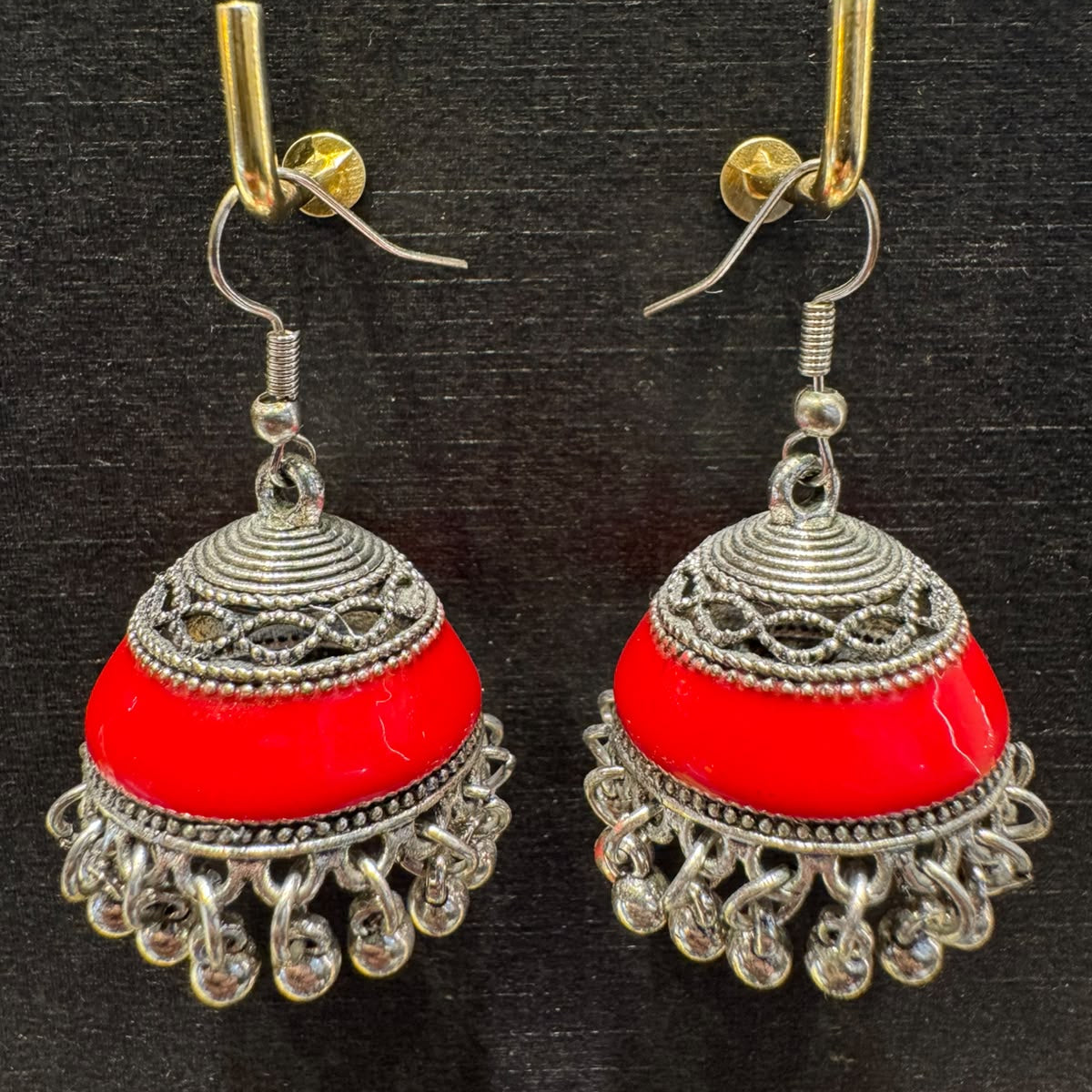 Ruby Red Enamel Terracotta-Style Bell Jhumka