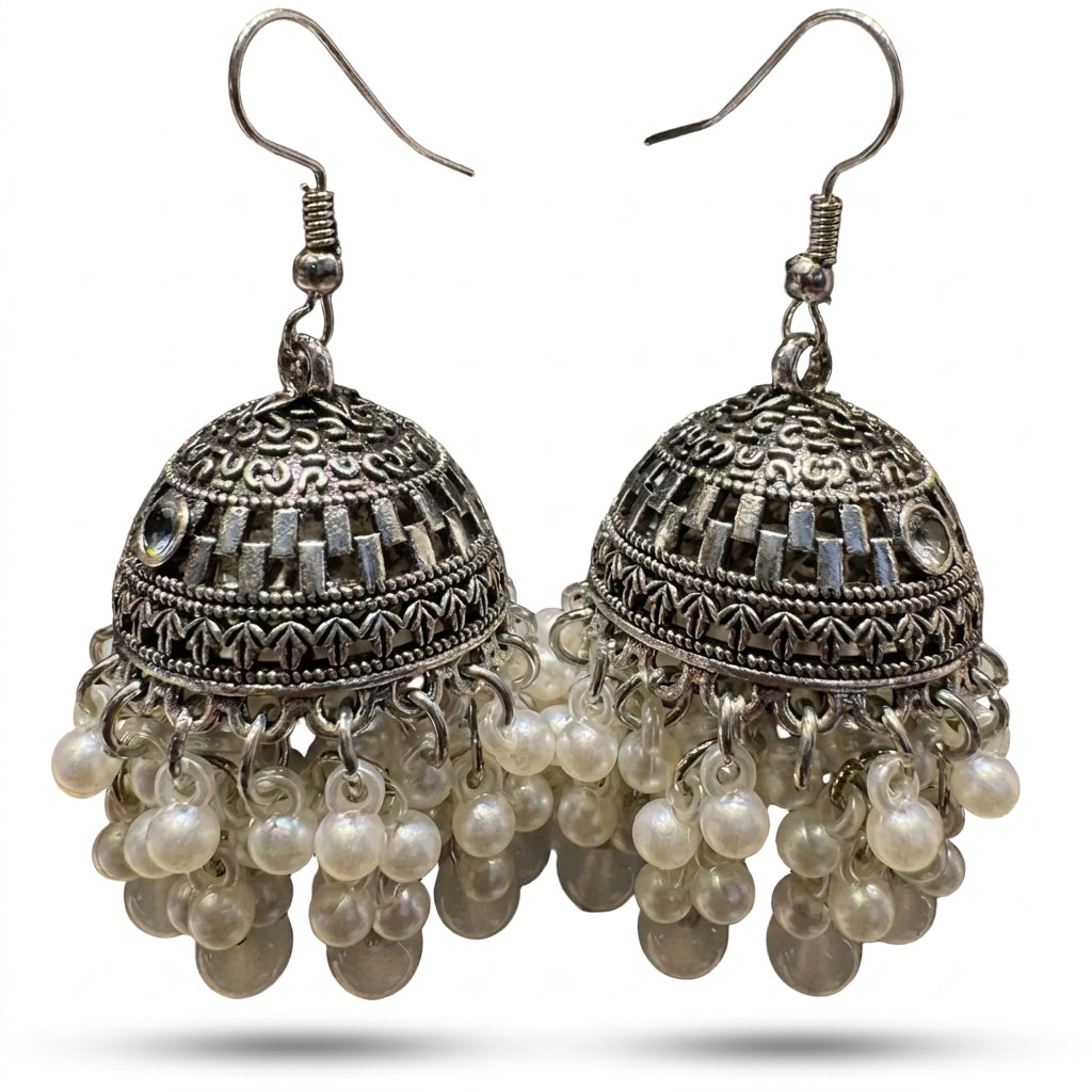 Silver Jhumka Earrings with Pearl Droplets