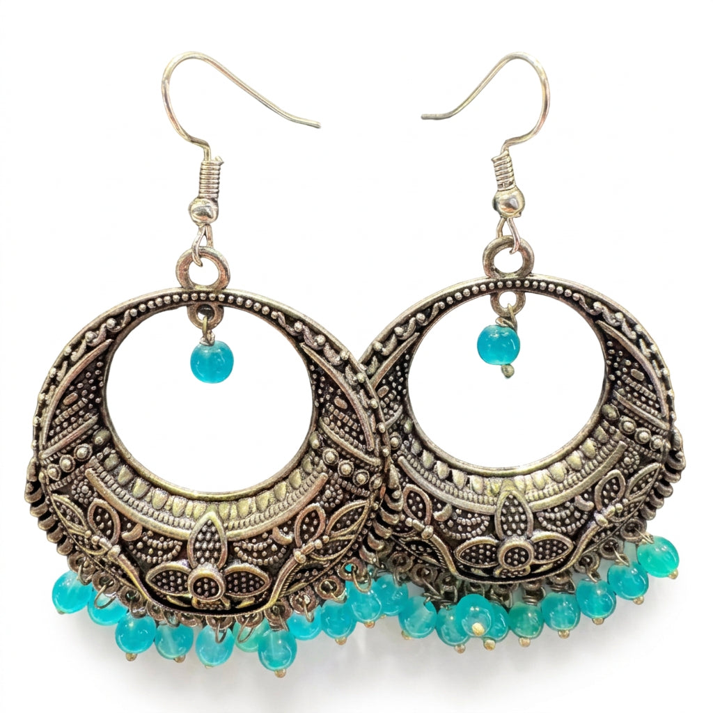 Silver Oxidised Blue Pearl Chandbalis