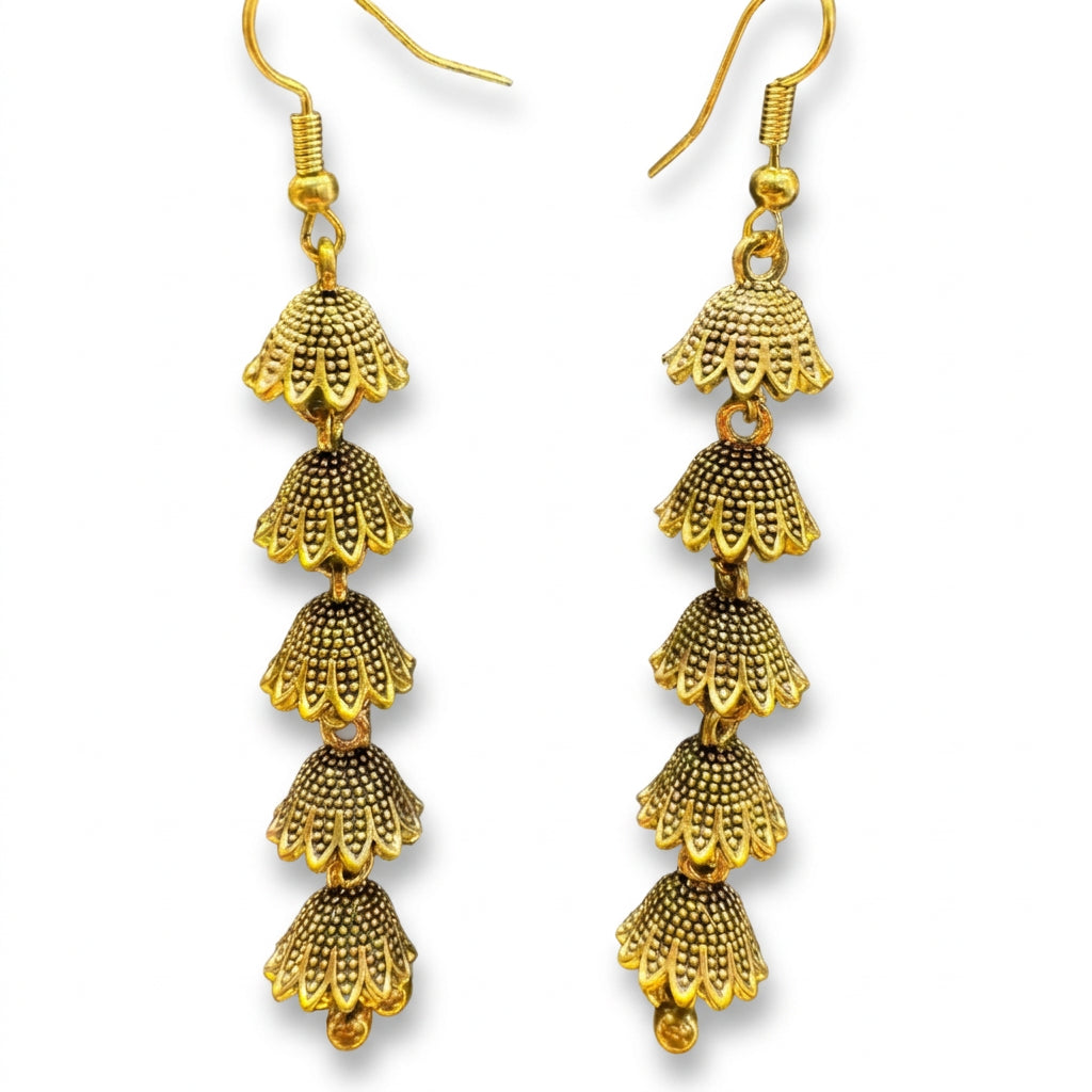 Traditional Long, Multi-Layered Golden Jhumka