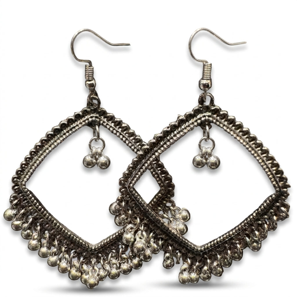 oxidized silver rhombus (kite-shaped) jhumka