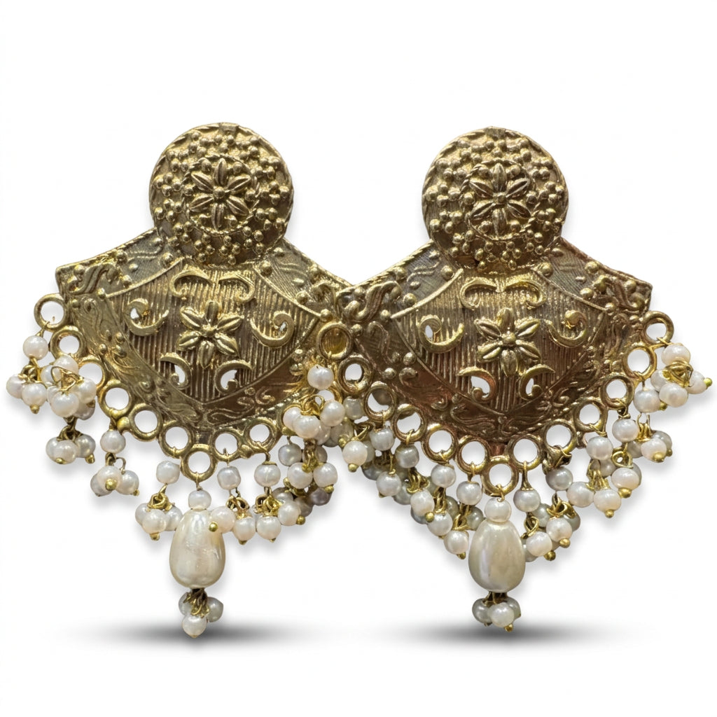 Antique Gold Chandbali Earrings with Pearl Drops