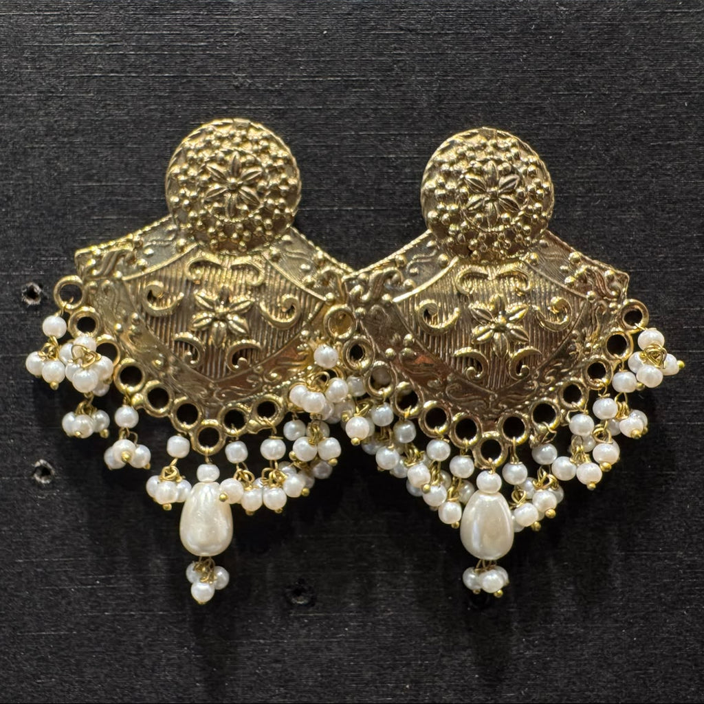 Antique Gold Chandbali Earrings with Pearl Drops