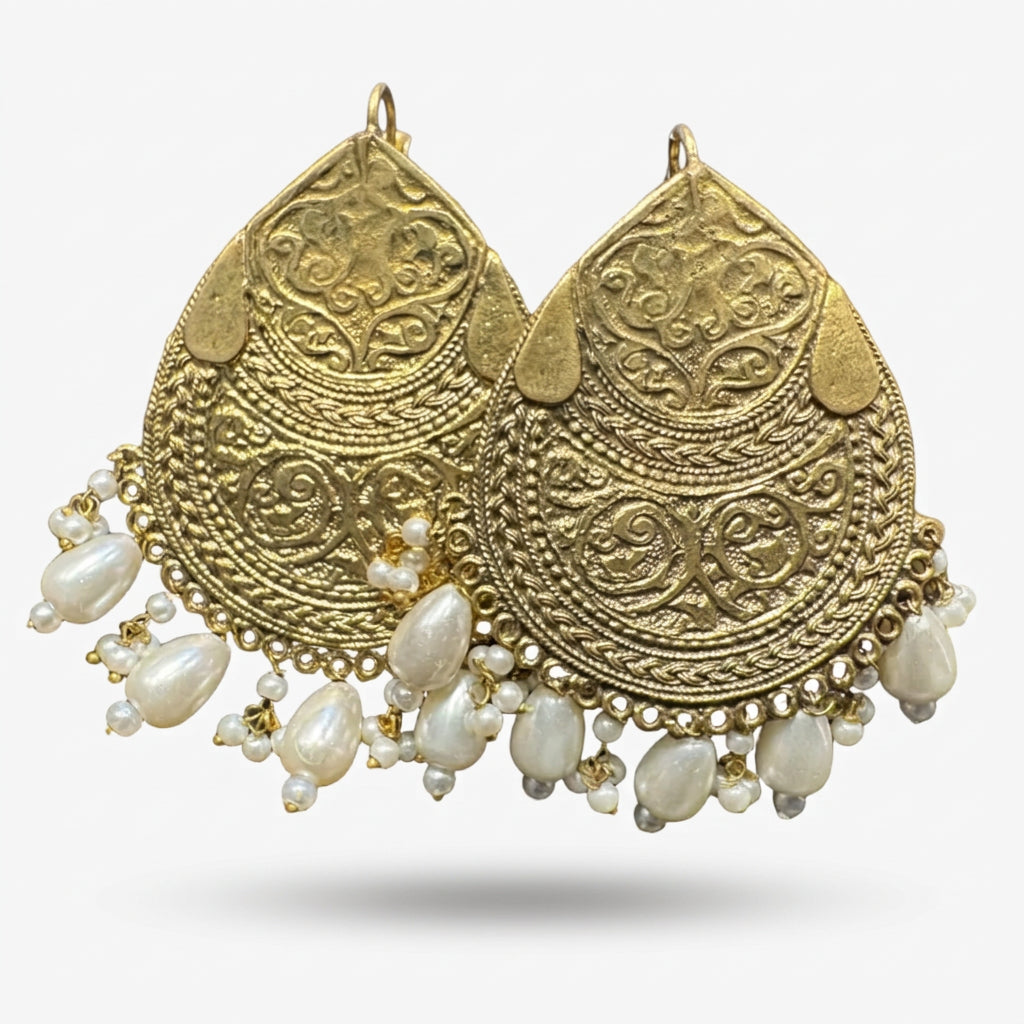 Antique-Style Gold-Finish Oversized Mughlai Drop Jhumka