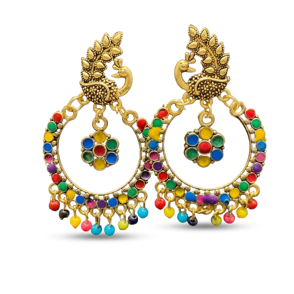 multi-color peacock and round drop Jhumka