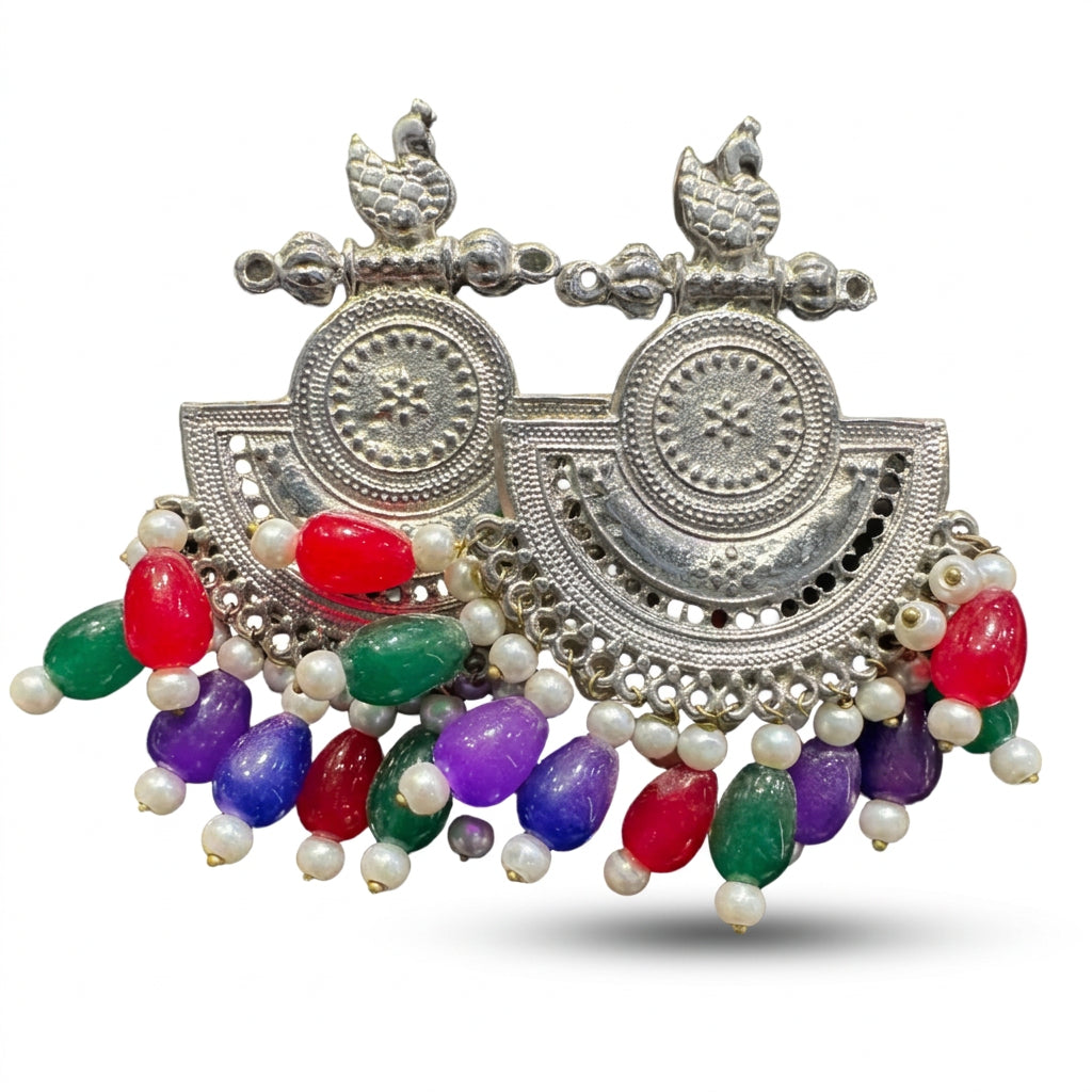 Oxidized Silver Multicolor Chandbali Earrings
