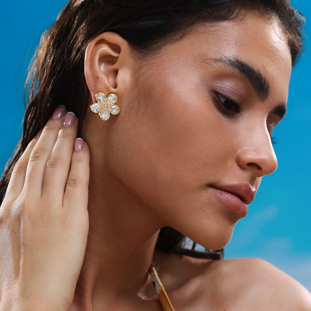 Stainless Steel Teardrop Studs & Sparkling Flower Design