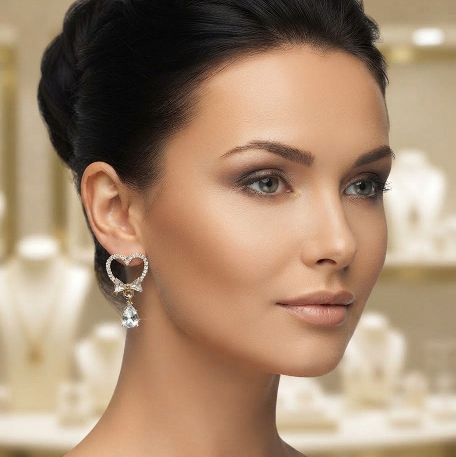 Heart And Bow Drop Earrings Adorned With Cubic Zirconia