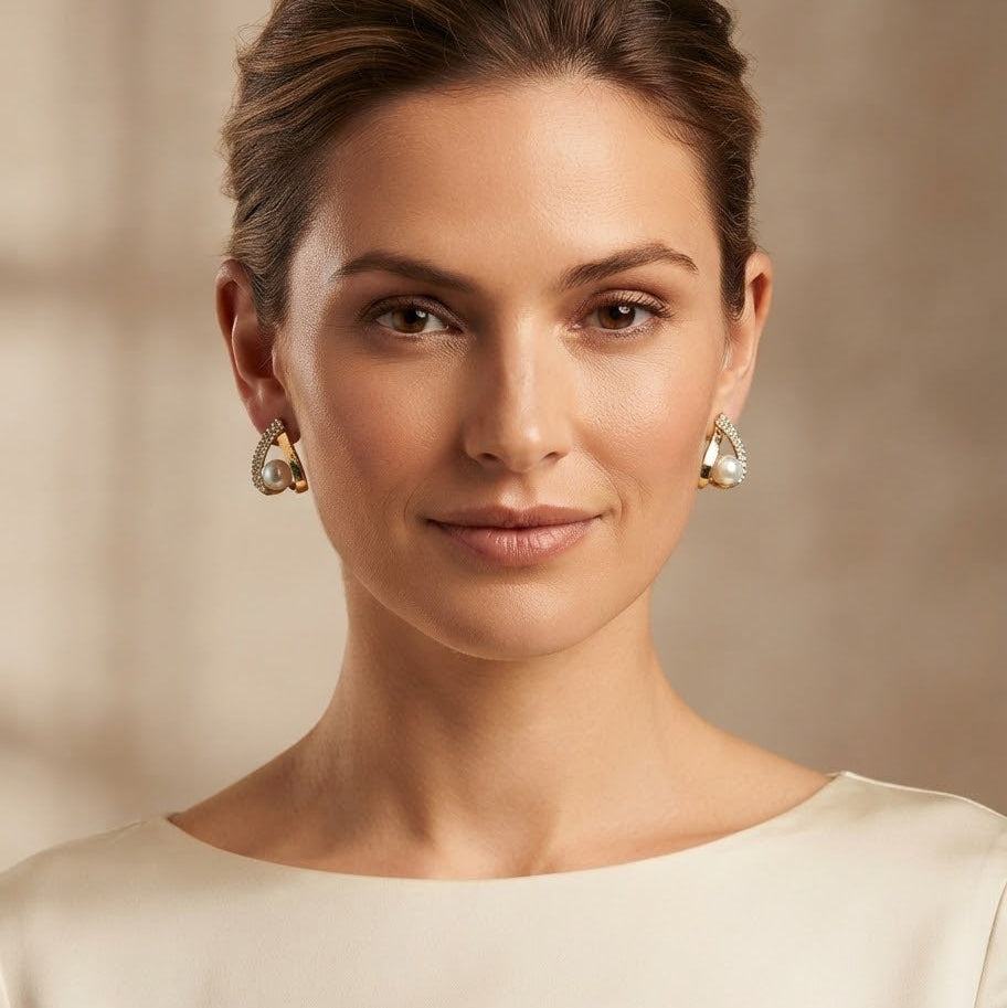 Triangle Pearl and Cubic Zirconia Stud Earrings