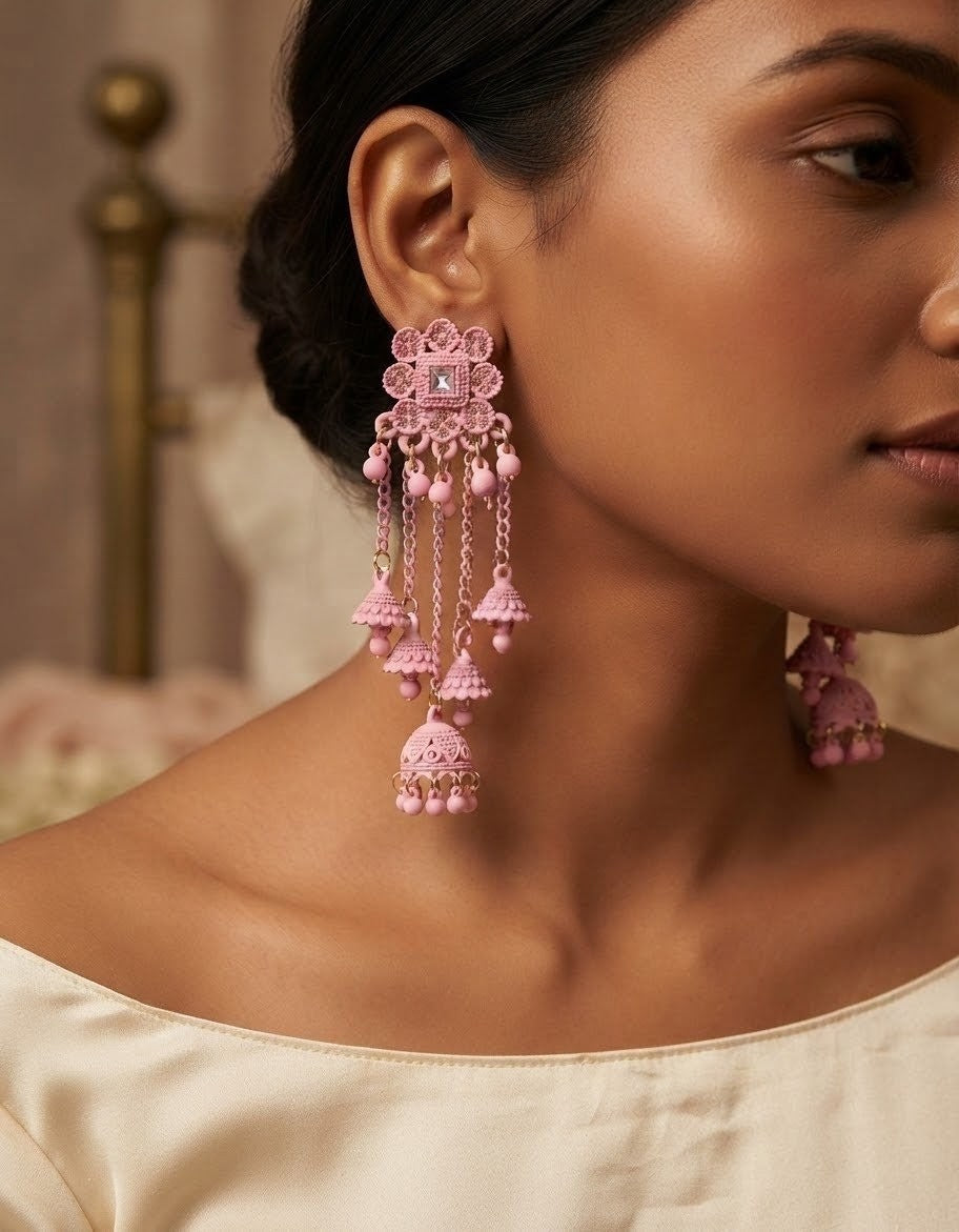 pink Kashmiri-style matte-finish long jhumki earrings