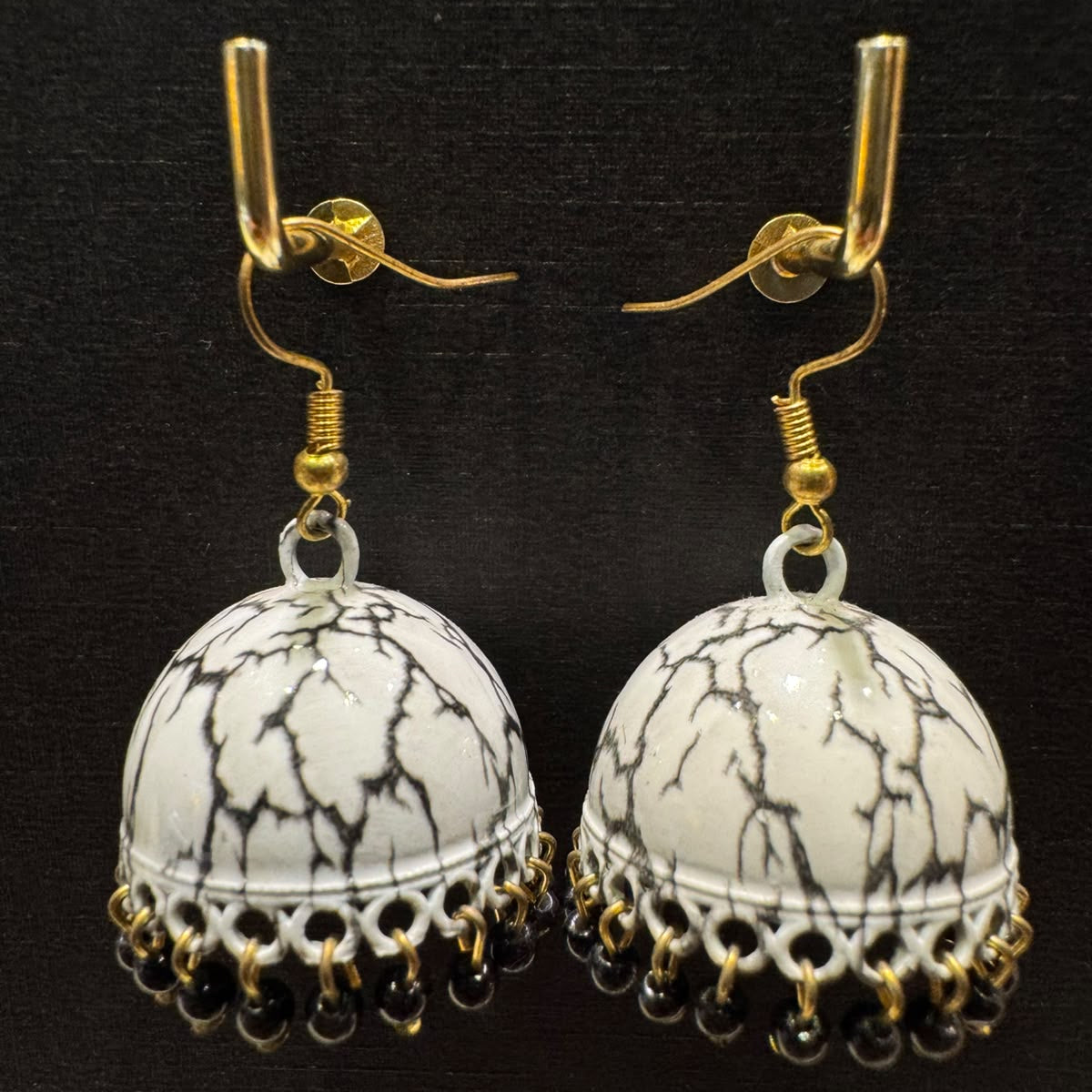 Black And White Crackle-Pattern Enamel Jhumka
