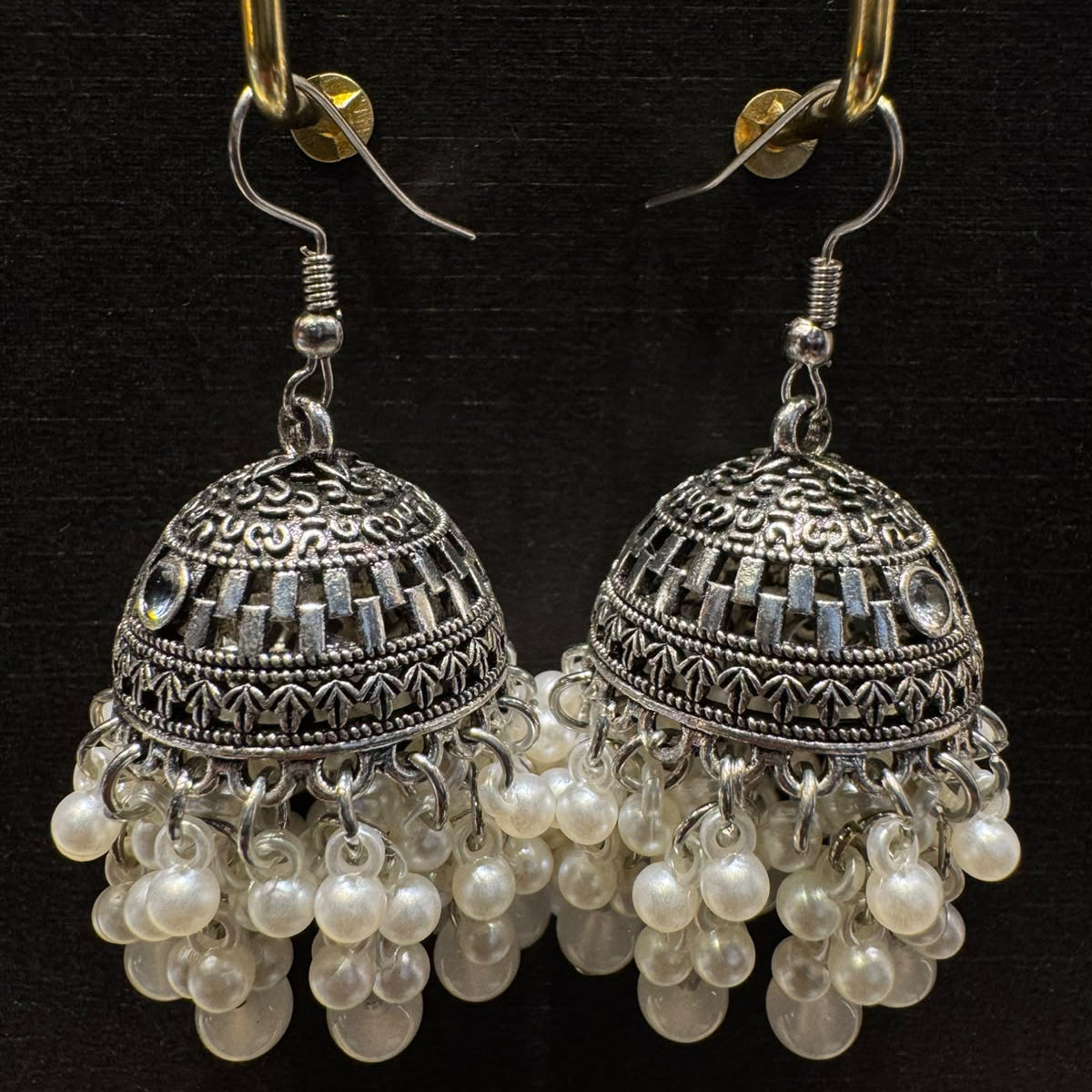Silver Jhumka Earrings with Pearl Droplets