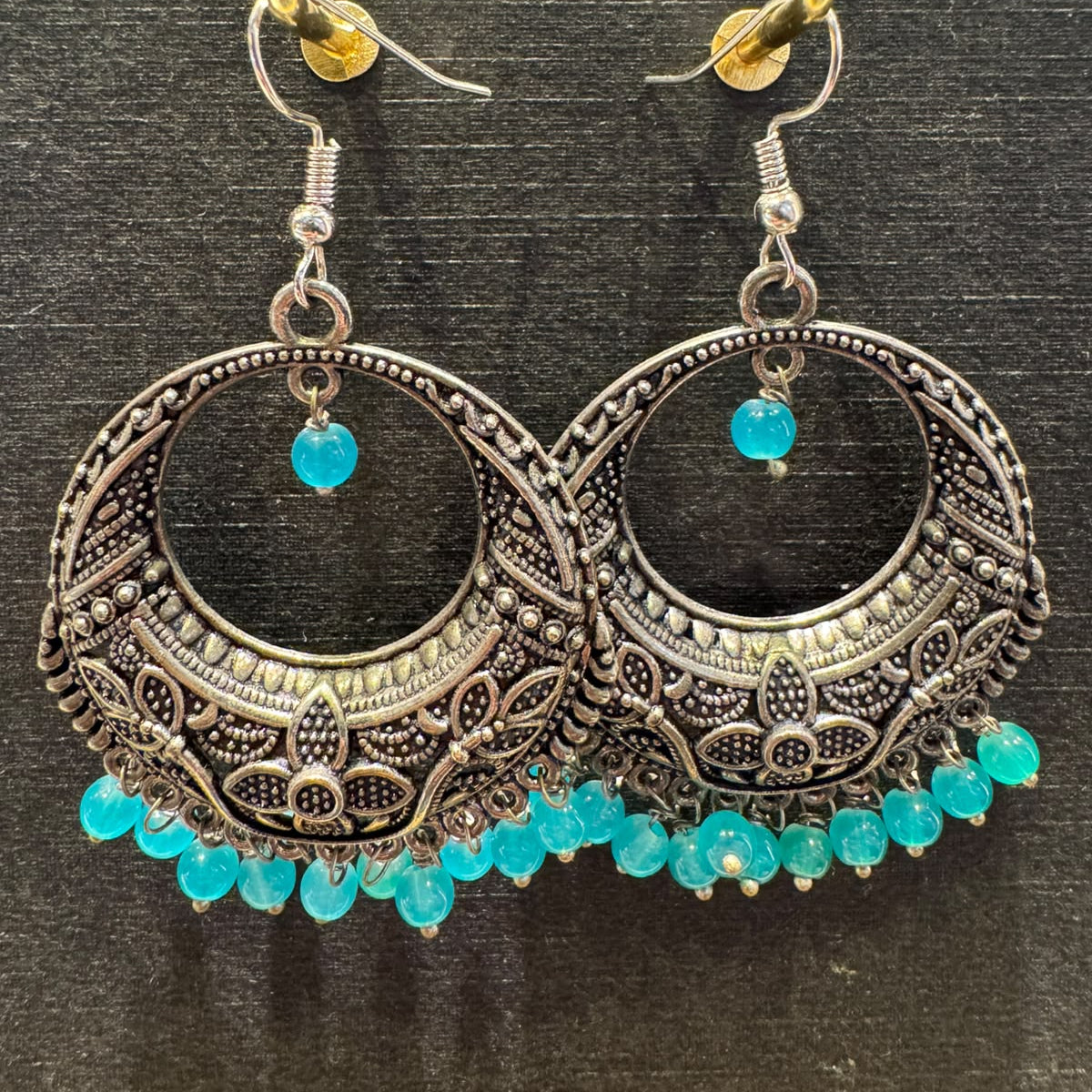 Silver Oxidised Blue Pearl Chandbalis
