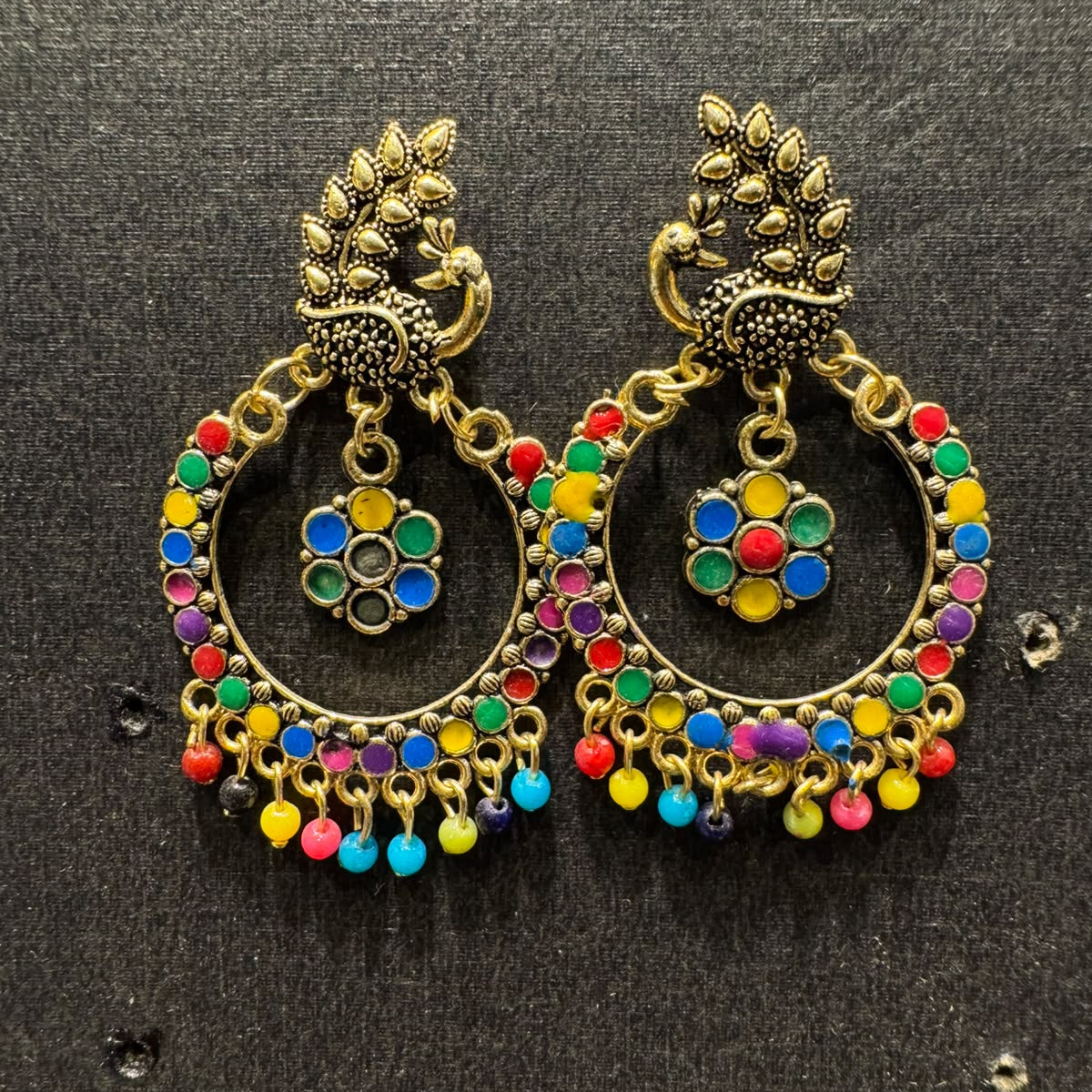 multi-color peacock and round drop Jhumka