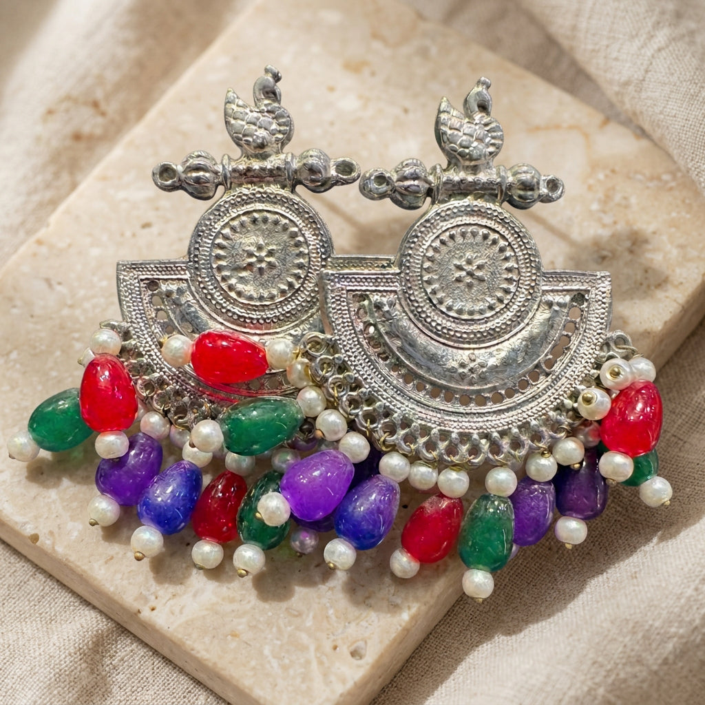 Oxidized Silver Multicolor Chandbali Earrings