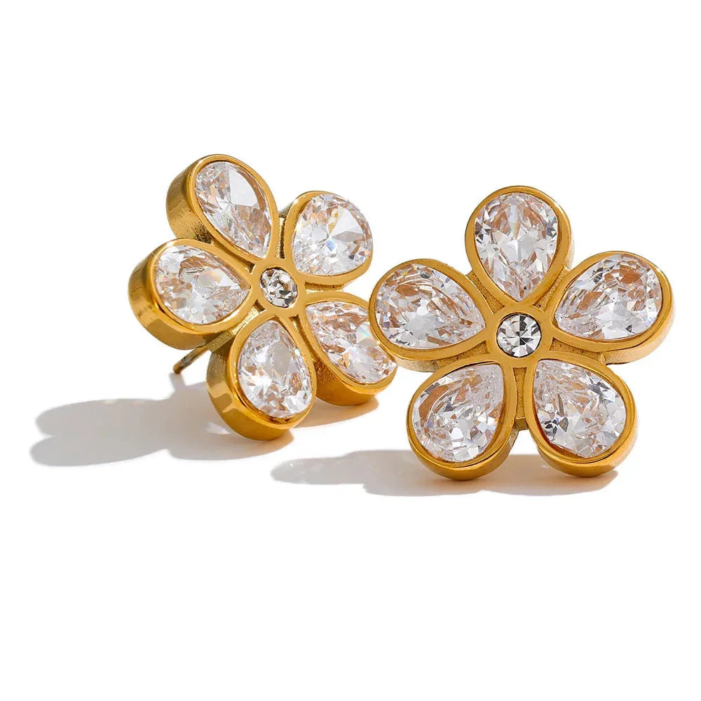 Stainless Steel Teardrop Studs & Sparkling Flower Design