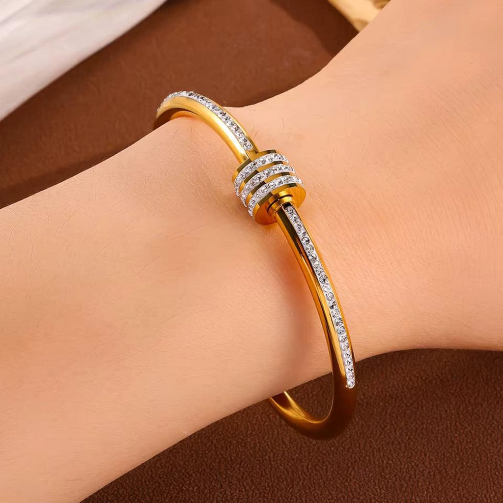 stainless steel rhinestone-studded bangle bracelet