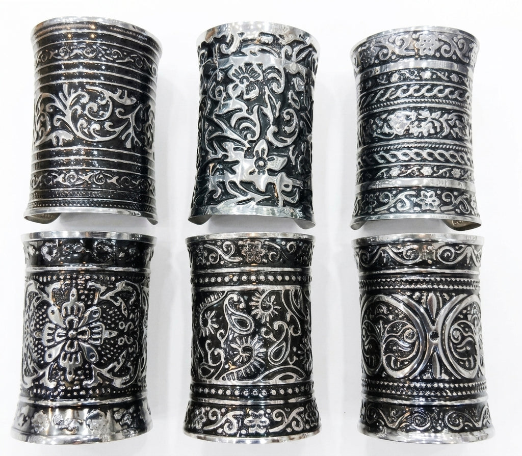 A Set of Six Wide, Antique-Style Oxidized Metal Cuff Bracelets