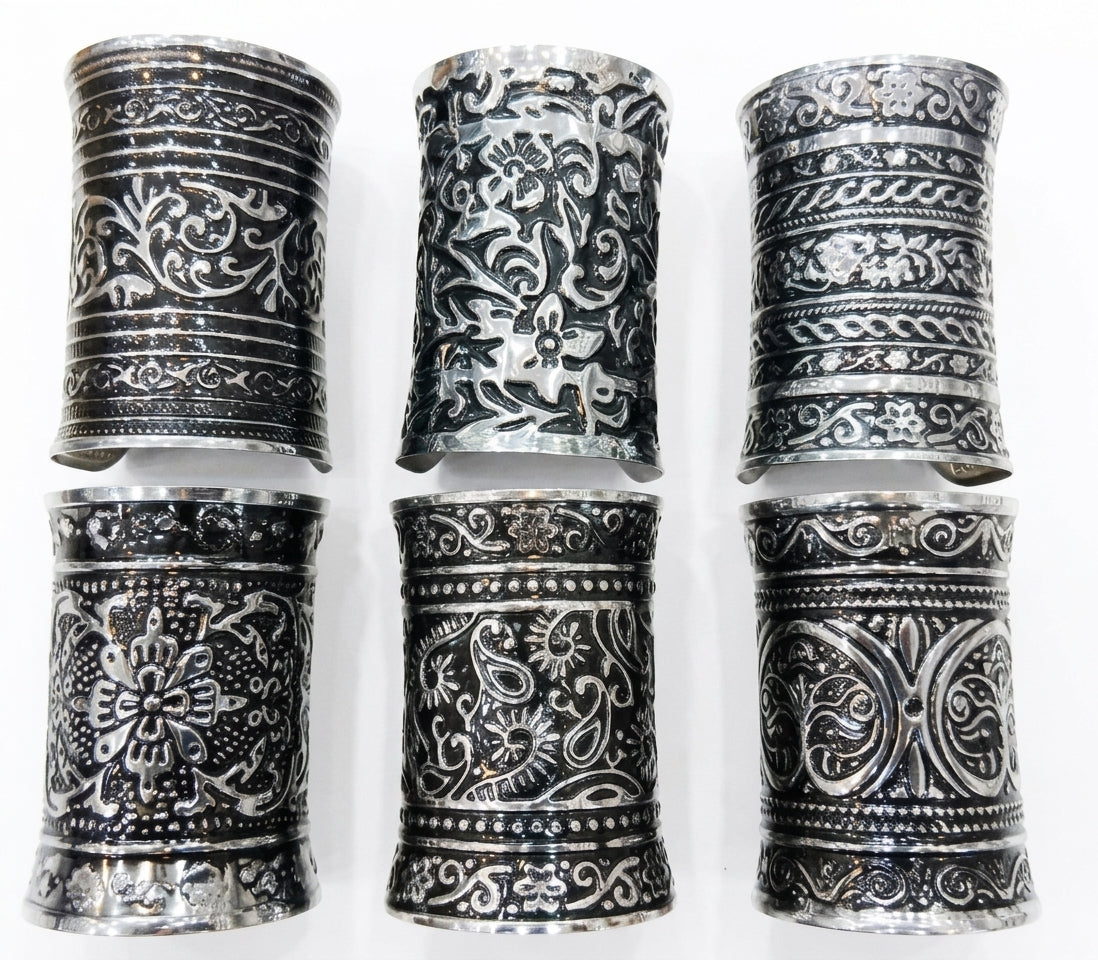 A Set of Six Wide, Antique-Style Oxidized Metal Cuff Bracelets