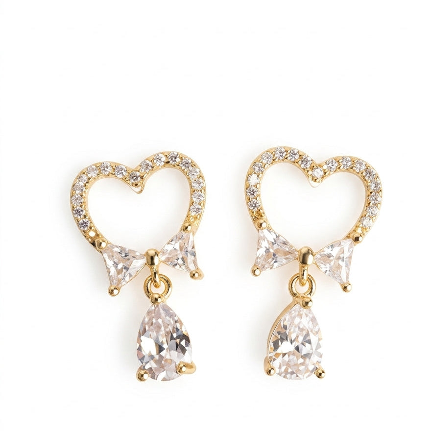 Heart And Bow Drop Earrings Adorned With Cubic Zirconia