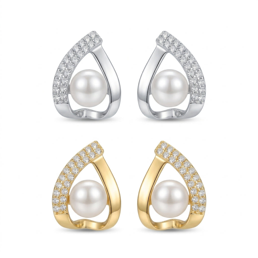 Triangle Pearl and Cubic Zirconia Stud Earrings