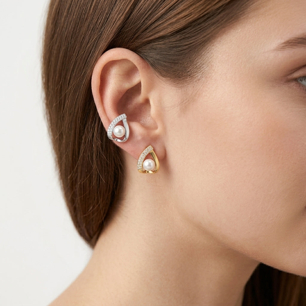 Triangle Pearl and Cubic Zirconia Stud Earrings