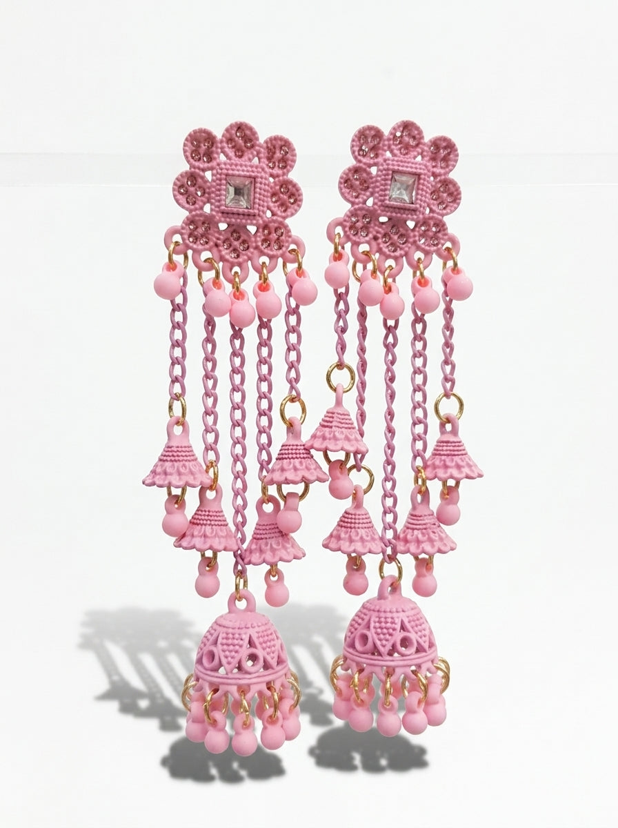 pink Kashmiri-style matte-finish long jhumki earrings