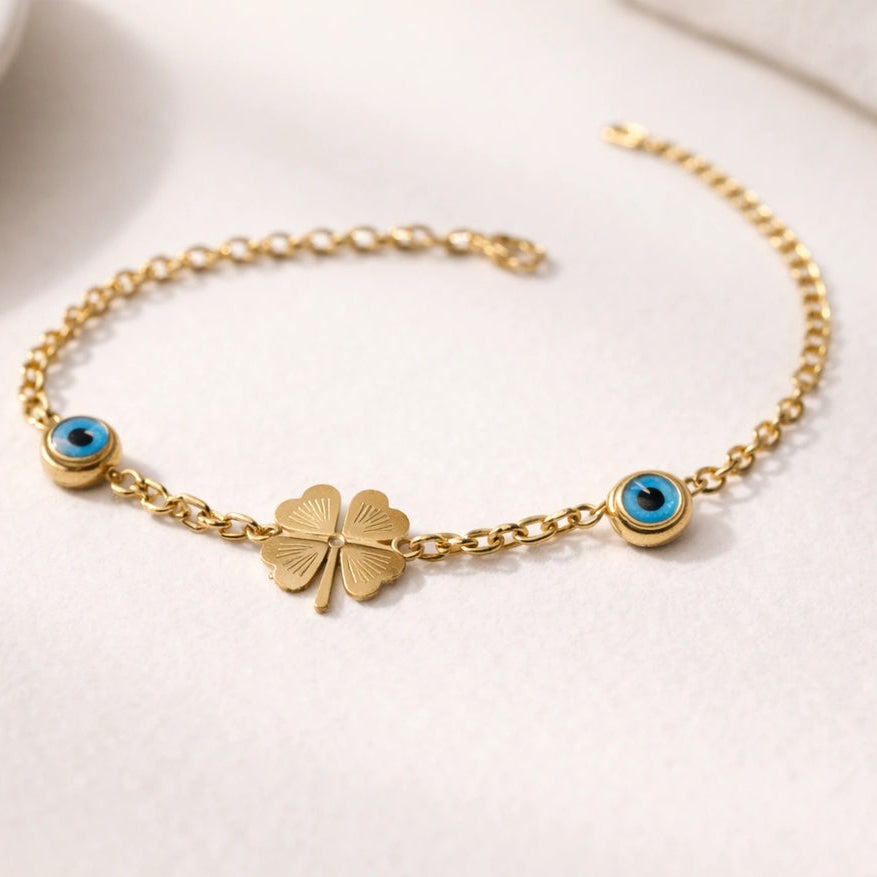 Four Leaf Clover & Evil Eye Charm Bracelet